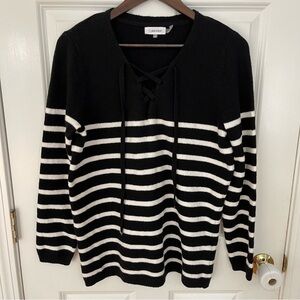 Calvin Klein Black and White Striped Lace Up V Neck Sweater